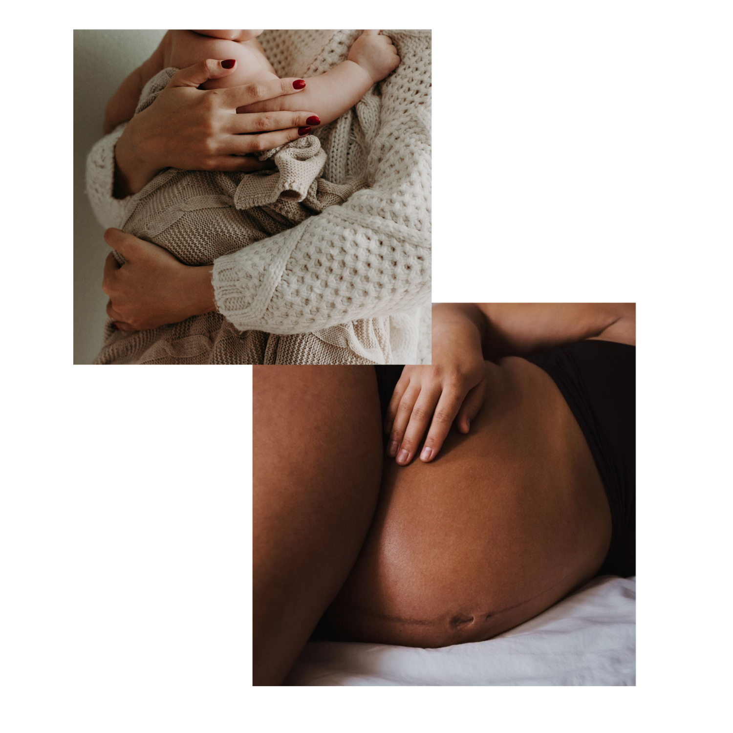 En kollage af to billeder. Den første er en kvinde, der holder en baby. Den anden er af en gravid mave. 